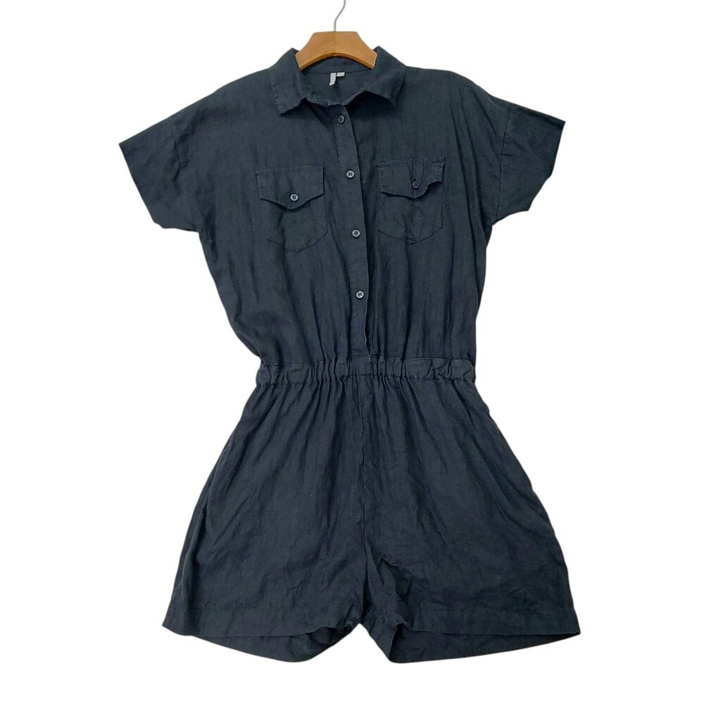 Seaside Tones Romper Womens Medium Navy 100% Linen Short Sleeve Beach Coastal